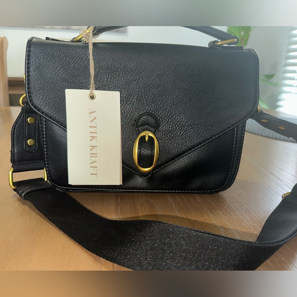 Antik Kraft Black Crossbody Bag with Gold Accents